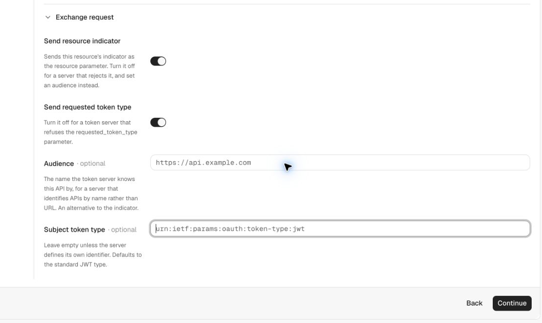 Token exchange request settings