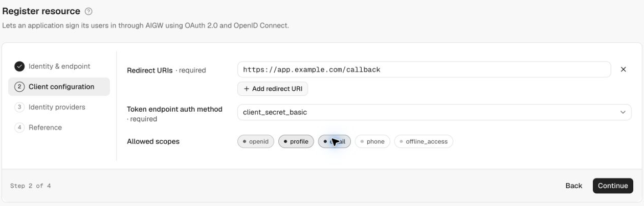 OAuth client settings